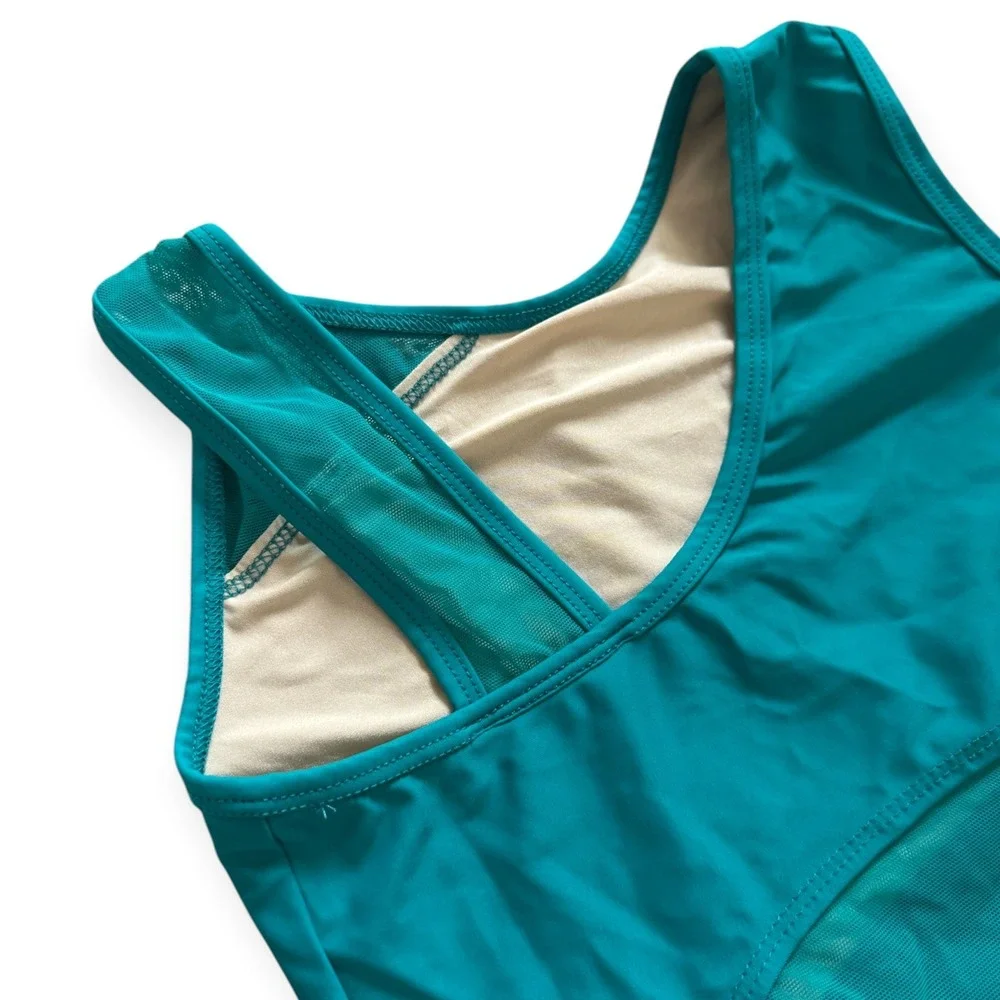 Kandi Kouture Teal Blue Mesh Cutout Dance Leotard Kids Size CL 7/8 Gymnastics
